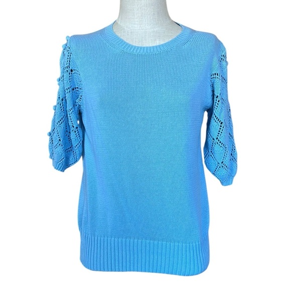 BTFBM Small Light Blue Knit Elbow Length Sleeve Sweater Whimsy 100% Cotton - Picture 2 of 9